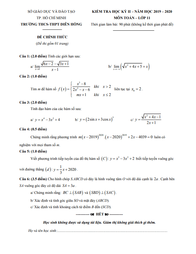 Đề thi học kì 2 (HK2) lớp 11 môn Toán năm 2019 2020 trường Diên Hồng TP HCM