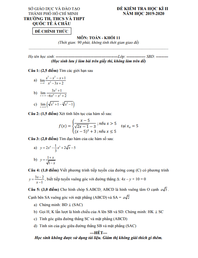Đề thi học kì 2 (HK2) lớp 11 môn Toán năm 2019 2020 trường Quốc tế Á Châu TP HCM
