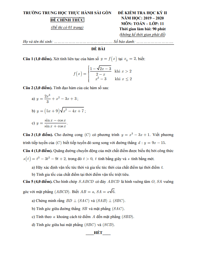 Đề thi học kì 2 (HK2) lớp 11 môn Toán năm 2019 2020 trường TH Thực hành Sài Gòn TP HCM