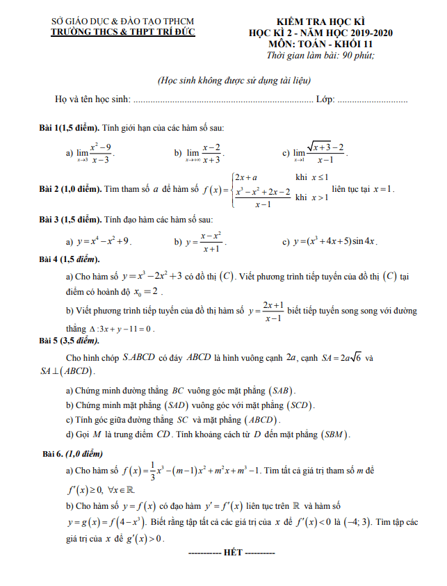 Đề thi học kì 2 (HK2) lớp 11 môn Toán năm 2019 2020 trường THCS THPT Trí Đức TP HCM