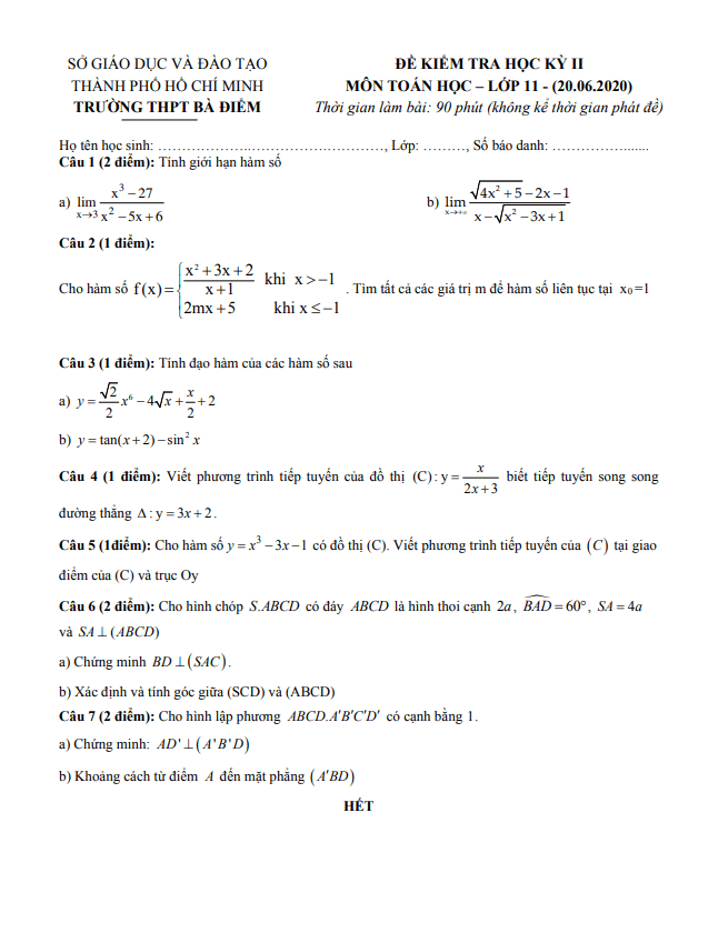 Đề thi học kì 2 (HK2) lớp 11 môn Toán năm 2019 2020 trường THPT Bà Điểm TP HCM