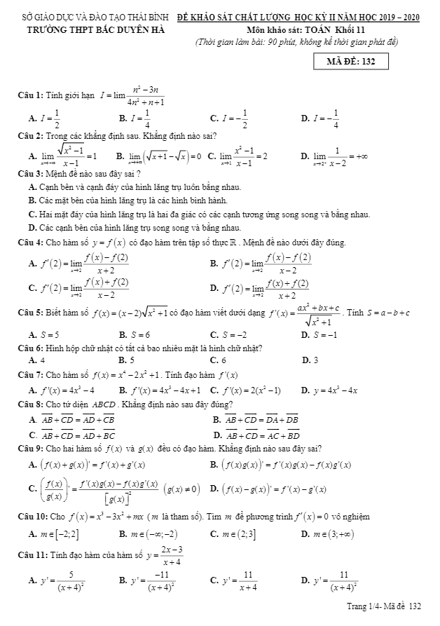 Đề thi học kì 2 (HK2) lớp 11 môn Toán năm 2019 2020 trường THPT Bắc Duyên Hà Thái Bình