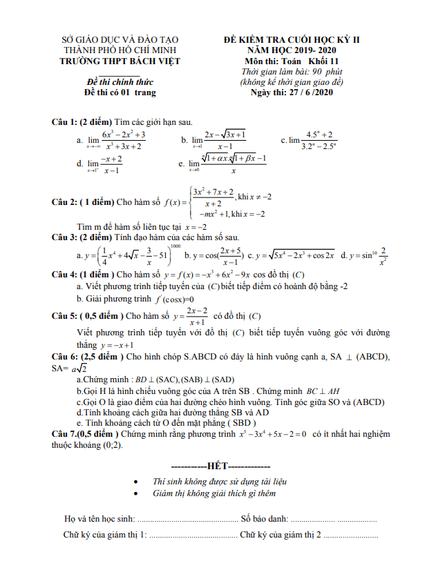 Đề thi học kì 2 (HK2) lớp 11 môn Toán năm 2019 2020 trường THPT Bách Việt TP HCM