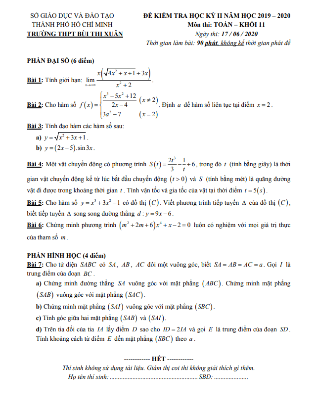 Đề thi học kì 2 (HK2) lớp 11 môn Toán năm 2019 2020 trường THPT Bùi Thị Xuân TP HCM