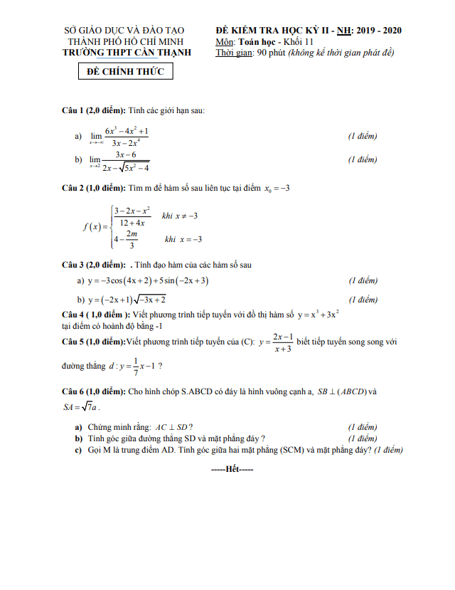 Đề thi học kì 2 (HK2) lớp 11 môn Toán năm 2019 2020 trường THPT Cần Thạnh TP HCM