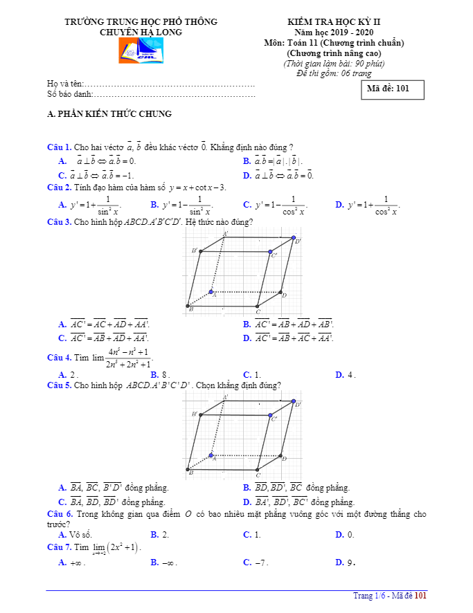 Đề thi học kì 2 (HK2) lớp 11 môn Toán năm 2019 2020 trường THPT chuyên Hạ Long Quảng Ninh