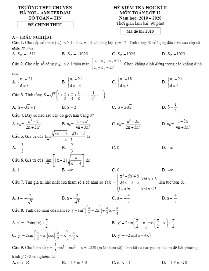Đề thi học kì 2 (HK2) lớp 11 môn Toán năm 2019 2020 trường THPT chuyên Hà Nội Amsterdam