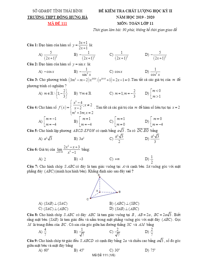 Đề thi học kì 2 (HK2) lớp 11 môn Toán năm 2019 2020 trường THPT Đông Hưng Hà Thái Bình