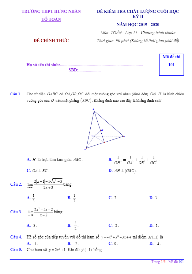 Đề thi học kì 2 (HK2) lớp 11 môn Toán năm 2019 2020 trường THPT Hưng Nhân Thái Bình