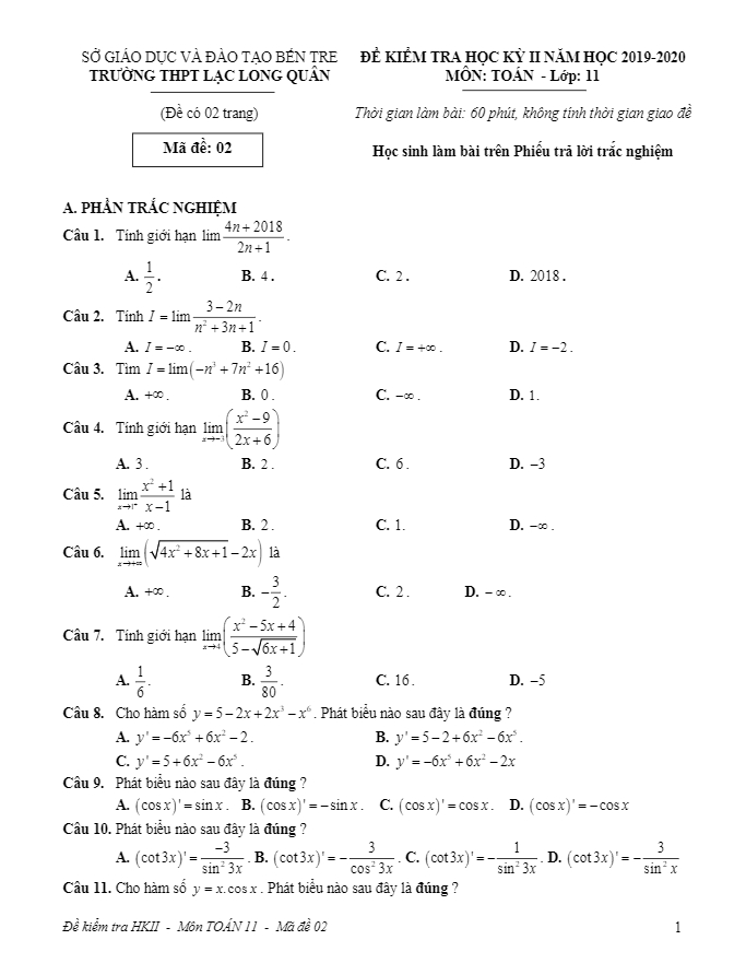 Đề thi học kì 2 (HK2) lớp 11 môn Toán năm 2019 2020 trường THPT Lạc Long Quân Bến Tre