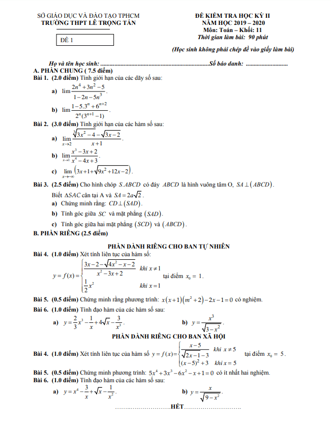 Đề thi học kì 2 (HK2) lớp 11 môn Toán năm 2019 2020 trường THPT Lê Trọng Tấn TP HCM