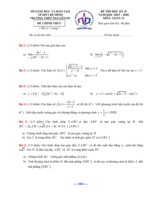 Đề thi học kì 2 (HK2) lớp 11 môn Toán năm 2019 2020 trường THPT Nguyễn Du TP HCM