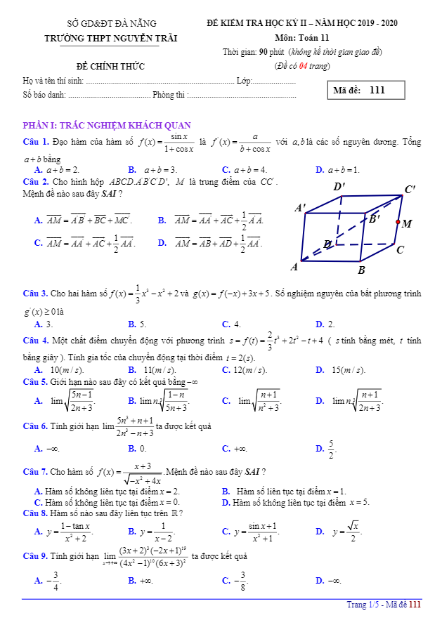 Đề thi học kì 2 (HK2) lớp 11 môn Toán năm 2019 2020 trường THPT Nguyễn Trãi Đà Nẵng