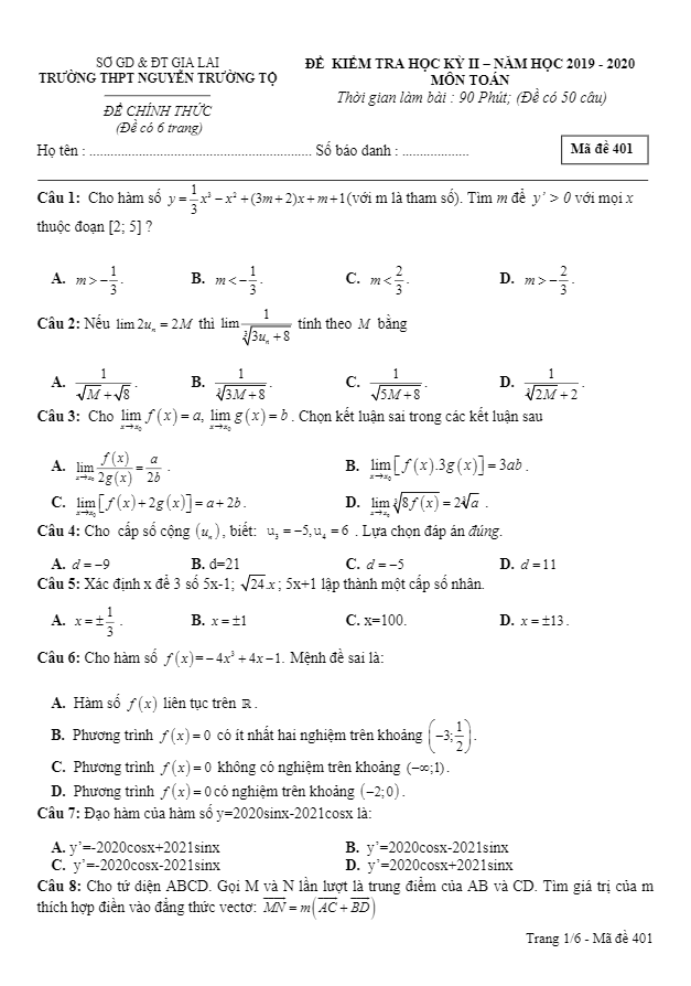 Đề thi học kì 2 (HK2) lớp 11 môn Toán năm 2019 2020 trường THPT Nguyễn Trường Tộ Gia Lai