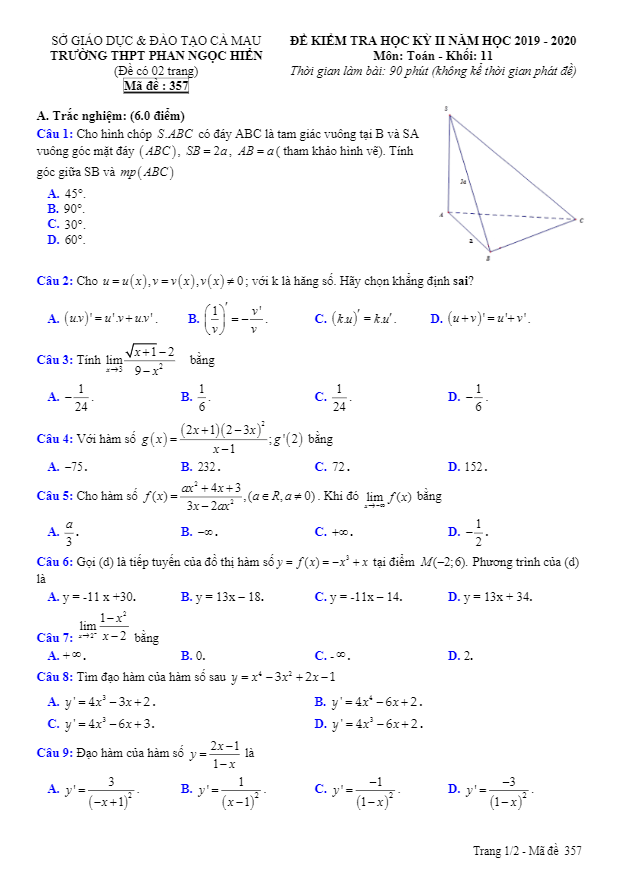 Đề thi học kì 2 (HK2) lớp 11 môn Toán năm 2019 2020 trường THPT Phan Ngọc Hiển Cà Mau