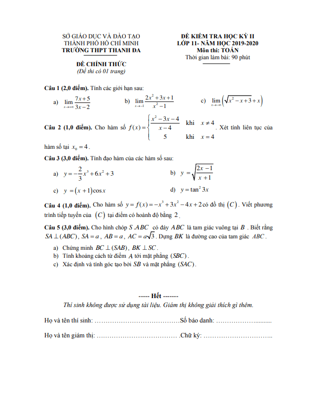 Đề thi học kì 2 (HK2) lớp 11 môn Toán năm 2019 2020 trường THPT Thanh Đa TP HCM