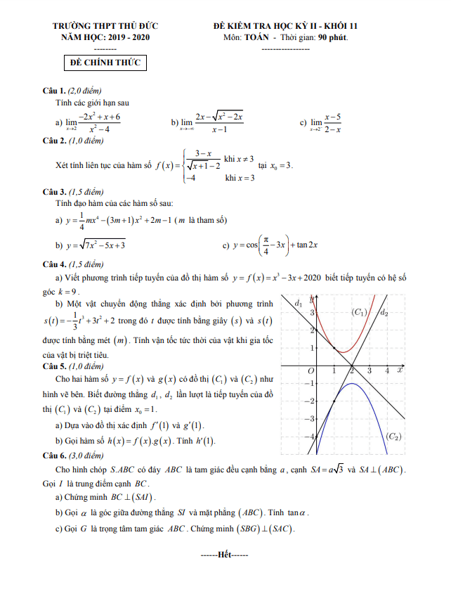 Đề thi học kì 2 (HK2) lớp 11 môn Toán năm 2019 2020 trường THPT Thủ Đức TP HCM