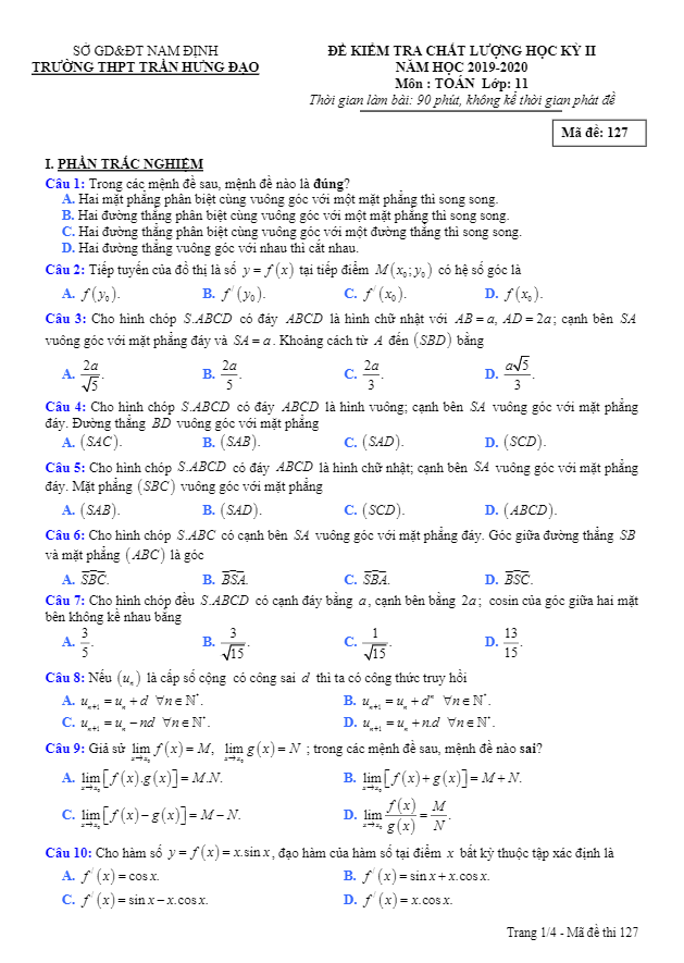 Đề thi học kì 2 (HK2) lớp 11 môn Toán năm 2019 2020 trường THPT Trần Hưng Đạo Nam Định