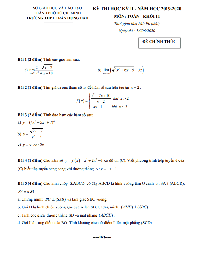 Đề thi học kì 2 (HK2) lớp 11 môn Toán năm 2019 2020 trường THPT Trần Hưng Đạo TP HCM