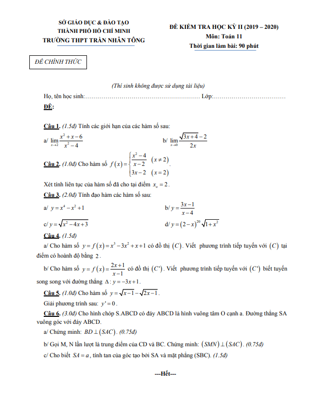 Đề thi học kì 2 (HK2) lớp 11 môn Toán năm 2019 2020 trường THPT Trần Nhân Tông TP HCM