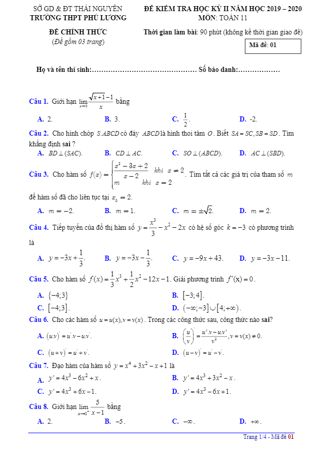 Đề thi học kì 2 (HK2) lớp 11 môn Toán năm 2019 – 2020 trường THPT Phú Lương – Thái Nguyên