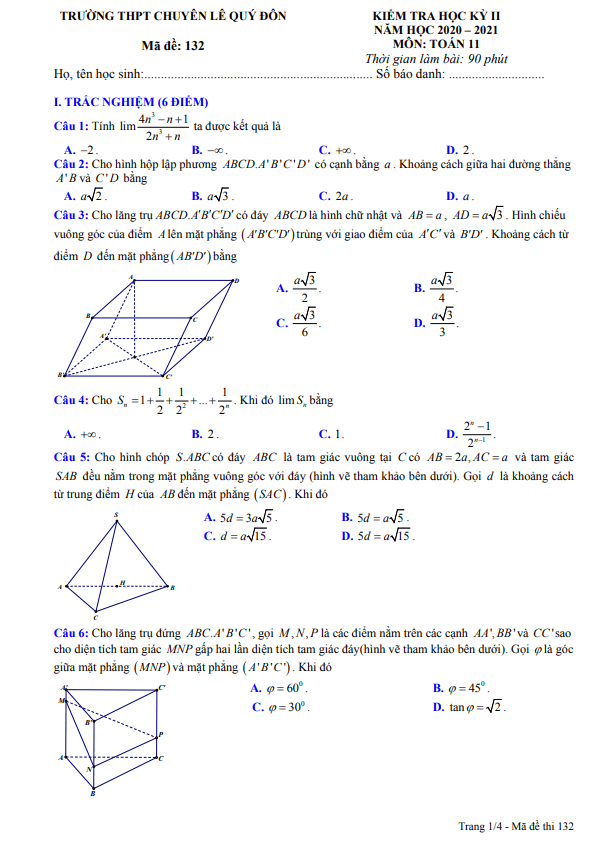 Đề thi học kì 2 (HK2) lớp 11 môn Toán năm 2020 2021 trường chuyên Lê Quý Đôn Khánh Hòa