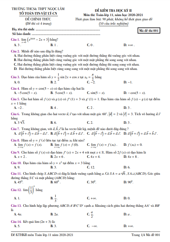 Đề thi học kì 2 (HK2) lớp 11 môn Toán năm 2020 2021 trường Ngọc Lâm Đồng Nai