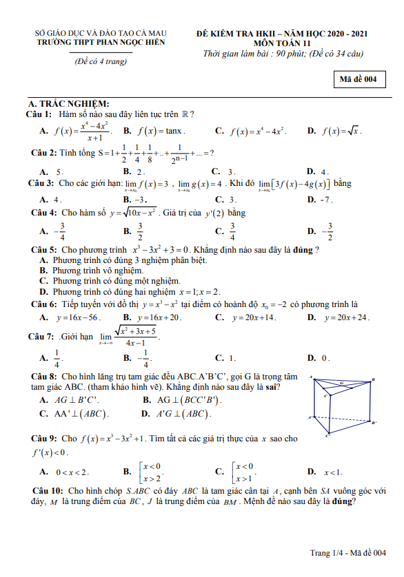 Đề thi học kì 2 (HK2) lớp 11 môn Toán năm 2020 2021 trường Phan Ngọc Hiển Cà Mau