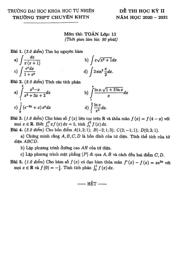 Đề thi học kì 2 (HK2) lớp 11 môn Toán năm 2020 2021 trường THPT chuyên KHTN Hà Nội