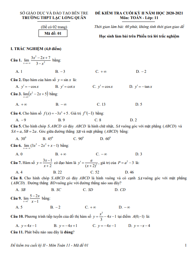 Đề thi học kì 2 (HK2) lớp 11 môn Toán năm 2020 2021 trường THPT Lạc Long Quân Bến Tre