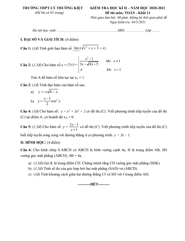Đề thi học kì 2 (HK2) lớp 11 môn Toán năm 2020 2021 trường THPT Lý Thường Kiệt TP HCM