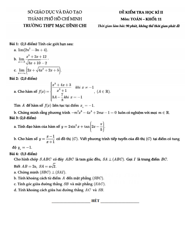 Đề thi học kì 2 (HK2) lớp 11 môn Toán năm 2020 2021 trường THPT Mạc Đĩnh Chi TP HCM