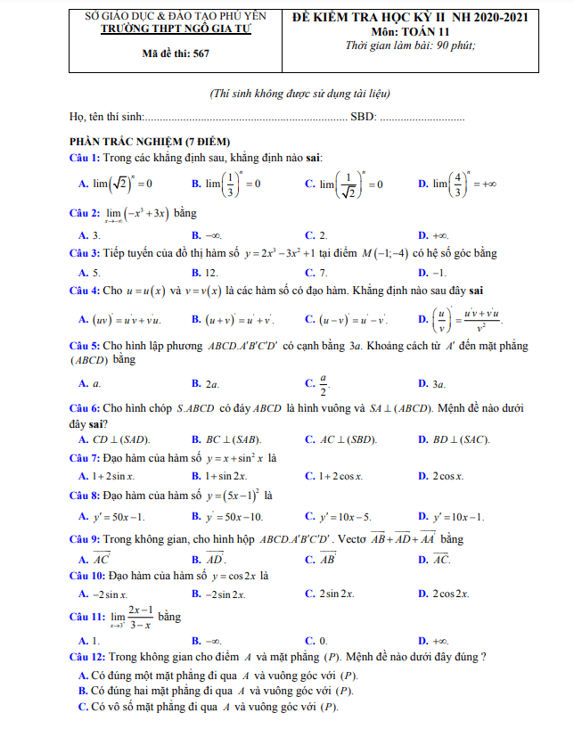 Đề thi học kì 2 (HK2) lớp 11 môn Toán năm 2020 2021 trường THPT Ngô Gia Tự Phú Yên