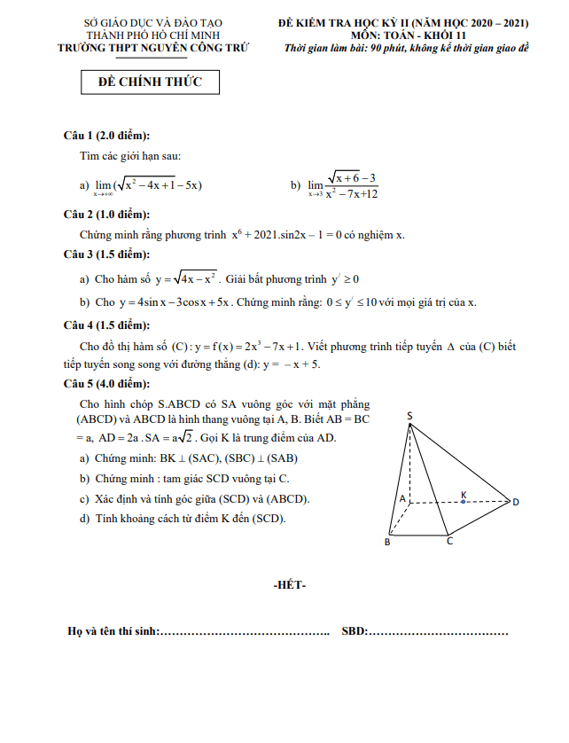 Đề thi học kì 2 (HK2) lớp 11 môn Toán năm 2020 2021 trường THPT Nguyễn Công Trứ TP HCM