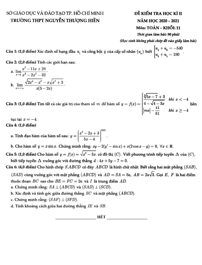 Đề thi học kì 2 (HK2) lớp 11 môn Toán năm 2020 2021 trường THPT Nguyễn Thượng Hiền TP HCM