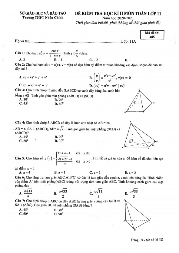 Đề thi học kì 2 (HK2) lớp 11 môn Toán năm 2020 2021 trường THPT Nhân Chính Hà Nội