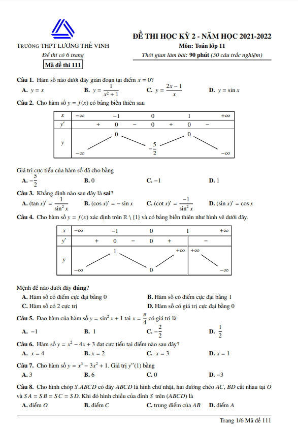 Đề thi học kì 2 (HK2) lớp 11 môn Toán năm 2021 2022 trường Lương Thế Vinh Hà Nội