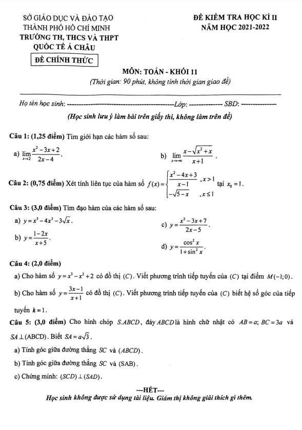 Đề thi học kì 2 (HK2) lớp 11 môn Toán năm 2021 2022 trường Quốc tế Á Châu TP HCM