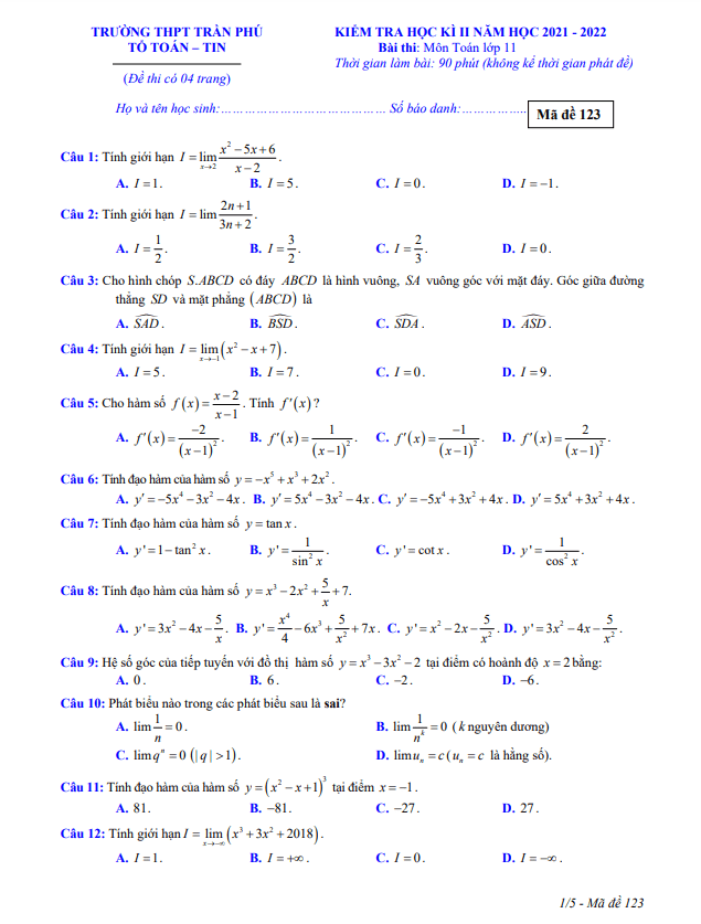 Đề thi học kì 2 (HK2) lớp 11 môn Toán năm 2021 2022 trường THPT Trần Phú Phú Yên