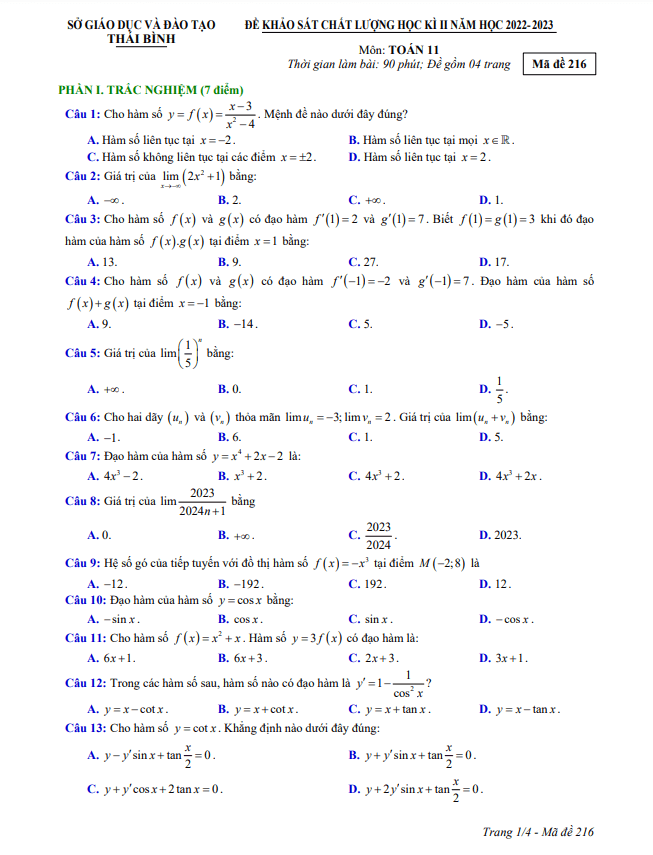 Đề thi học kì 2 (HK2) lớp 11 môn Toán năm 2022 2023 sở GD ĐT Thái Bình