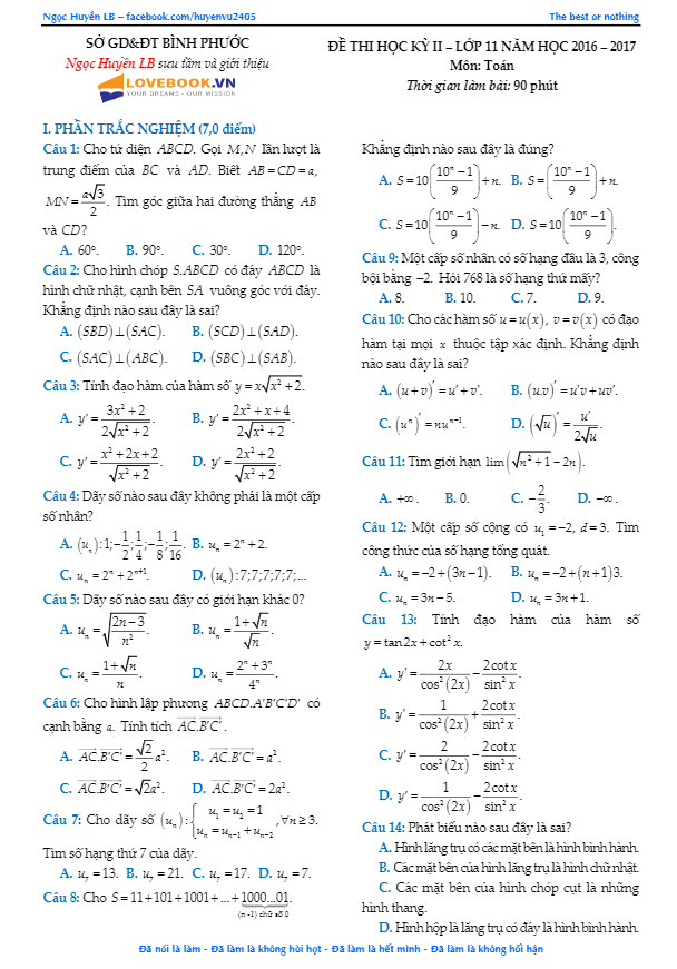Đề thi học kì 2 (HK2) lớp 11 môn Toán năm học 2016 2017 sở GD và ĐT Bình Phước