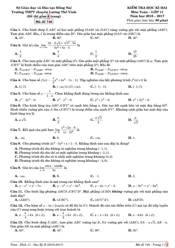 Đề thi học kì 2 (HK2) lớp 11 môn Toán năm học 2016 2017 trường THPT chuyên Lương Thế Vinh Đồng Nai