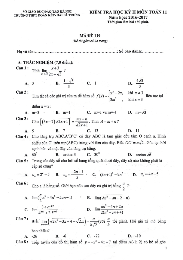 Đề thi học kì 2 (HK2) lớp 11 môn Toán năm học 2016 2017 trường THPT Đoàn Kết Hai Bà Trưng Hà Nội