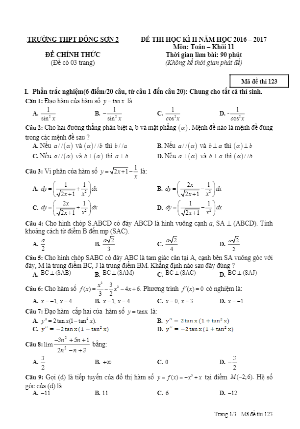 Đề thi học kì 2 (HK2) lớp 11 môn Toán năm học 2016 2017 trường THPT Đông Sơn 2 Thanh Hóa