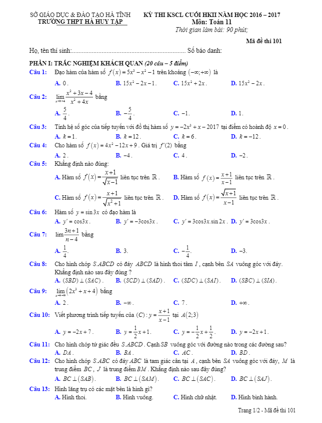 Đề thi học kì 2 (HK2) lớp 11 môn Toán năm học 2016 2017 trường THPT Hà Huy Tập Hà Tĩnh