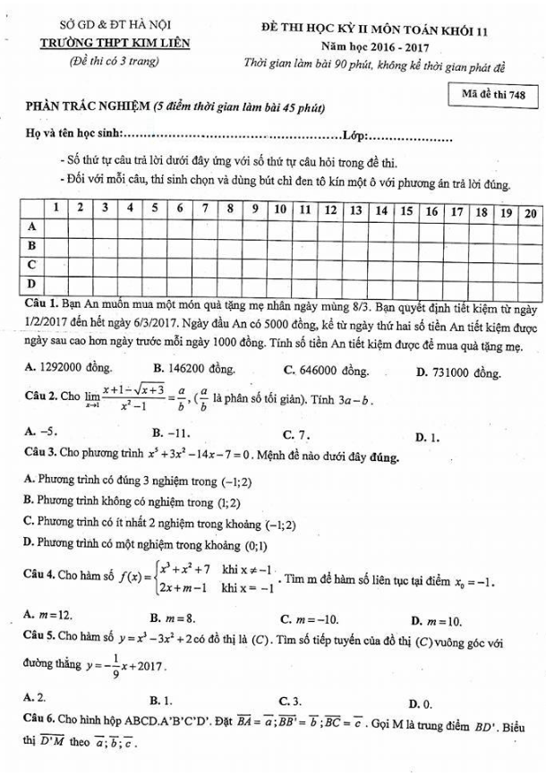 Đề thi học kì 2 (HK2) lớp 11 môn Toán năm học 2016 2017 trường THPT Kim Liên Hà Nội
