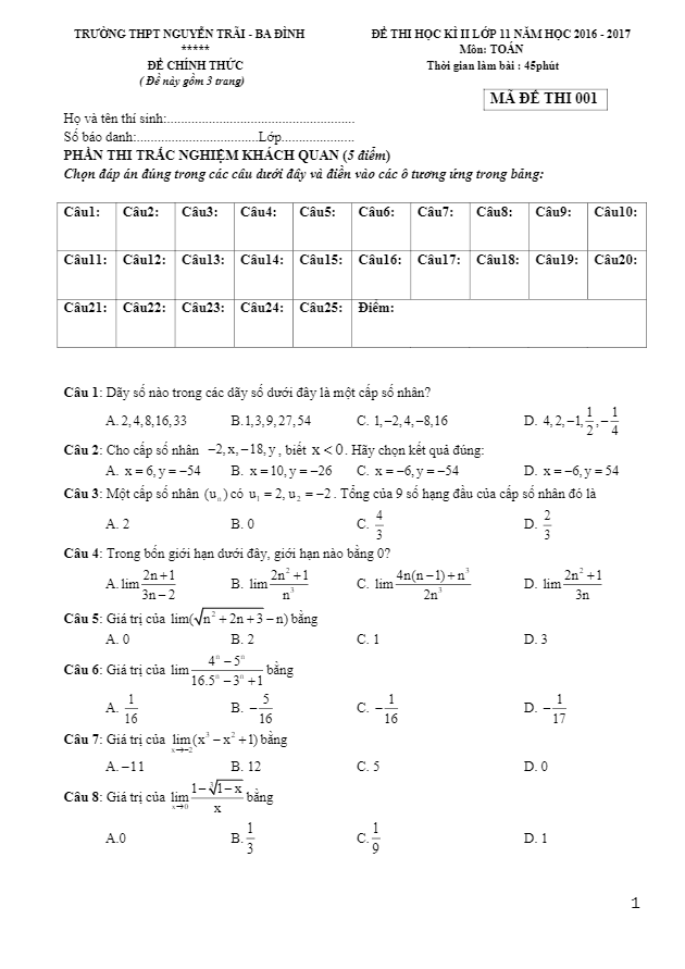 Đề thi học kì 2 (HK2) lớp 11 môn Toán năm học 2016 2017 trường THPT Nguyễn Trãi Hà Nội