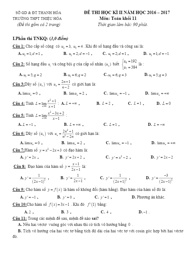 Đề thi học kì 2 (HK2) lớp 11 môn Toán năm học 2016 2017 trường THPT Thiệu Hóa Thanh Hóa