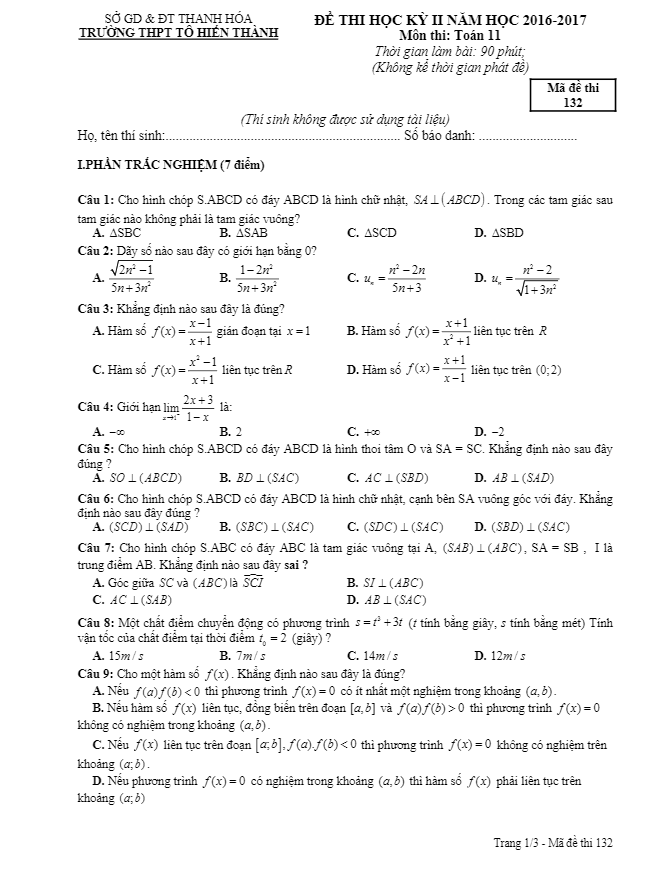Đề thi học kì 2 (HK2) lớp 11 môn Toán năm học 2016 2017 trường THPT Tô Hiến Thành Thanh Hóa