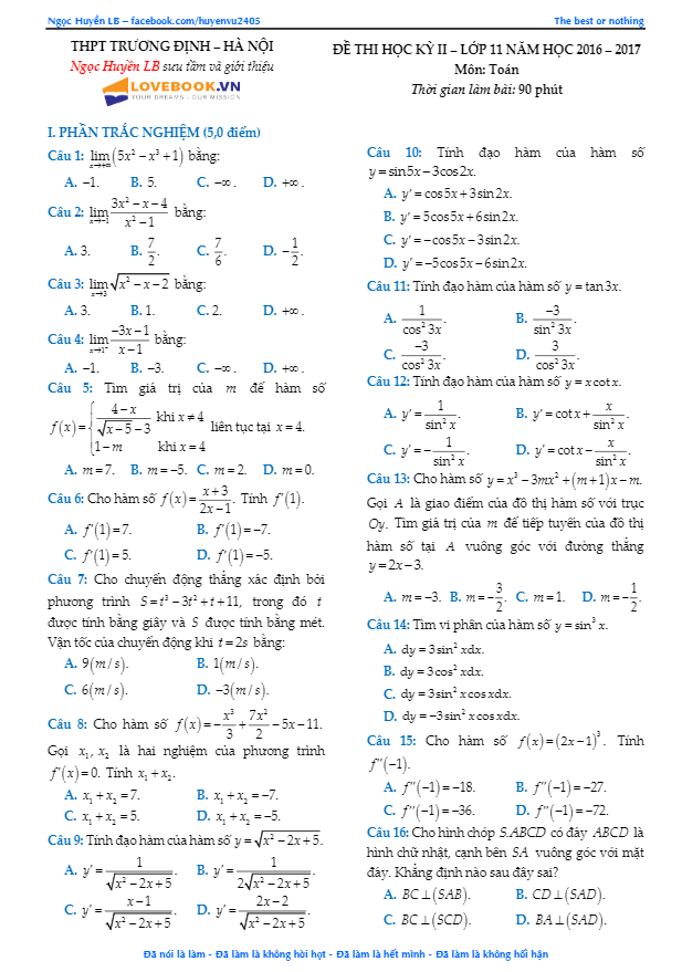 Đề thi học kì 2 (HK2) lớp 11 môn Toán năm học 2016 2017 trường THPT Trường Định Hà Nội